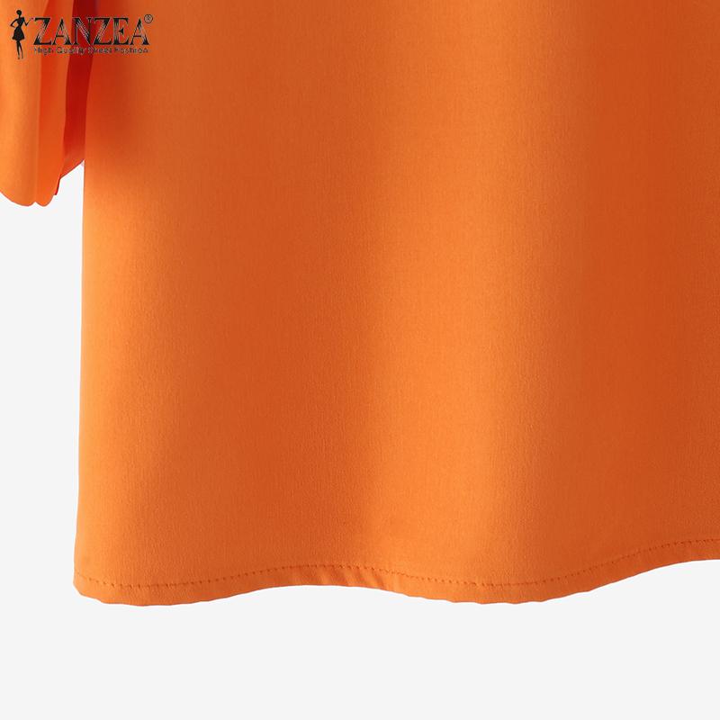 ZANZEA Women Summer Fashion Round Neck Wave Edge Lantern Short Sleeve Blouses