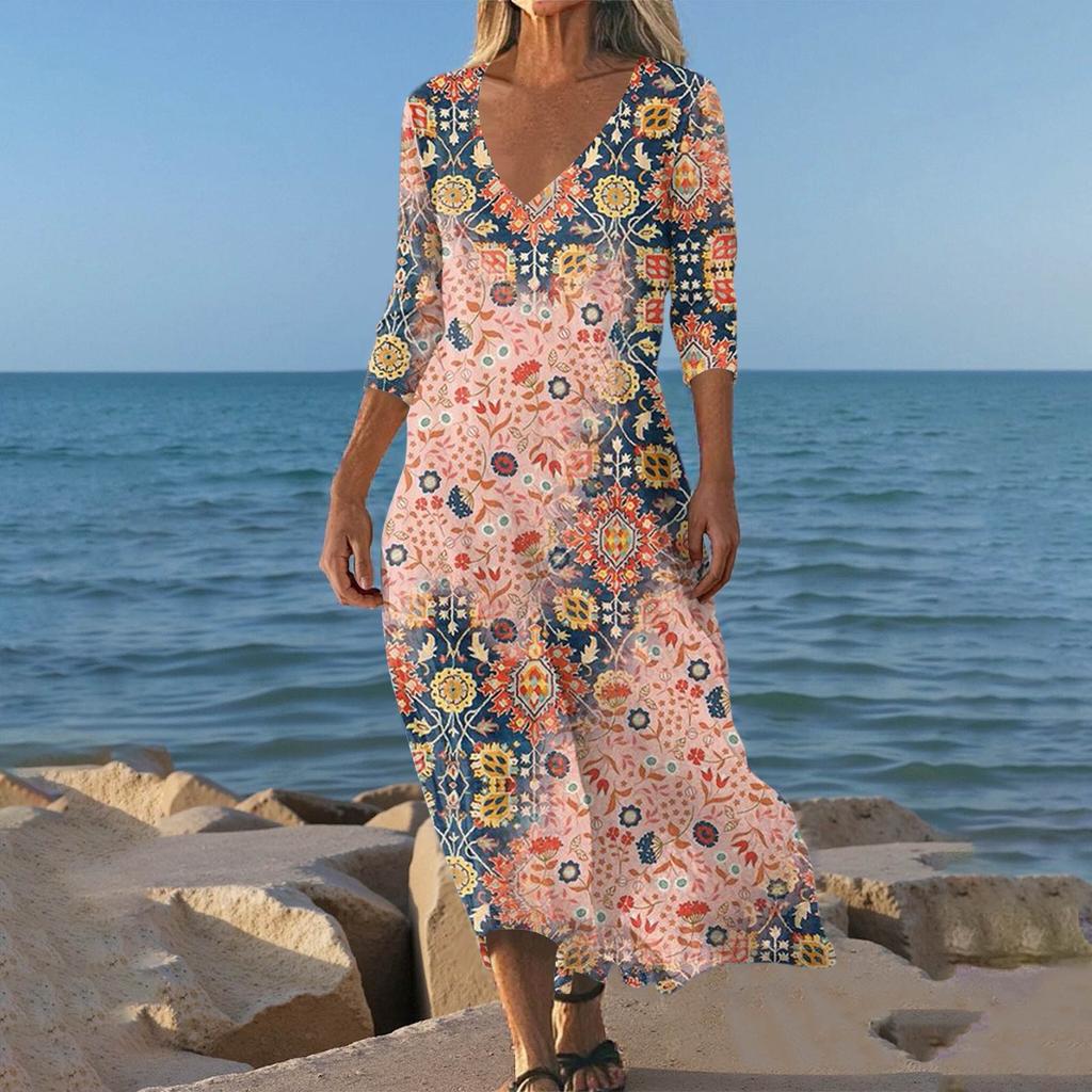 Kjoler For Damer Vintage Print Tunika Midjet Midi Kjole Sommer Hverdagslig 3/4 Ermet Kjole