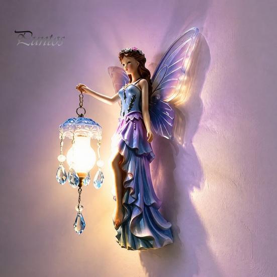 Gift for Birthday or Housewarming Fairy Wall Night Light, Resin Elf Sculpture Lantern Bedroom, 3D Elegant Entrance Hall Lighting Hanging Art