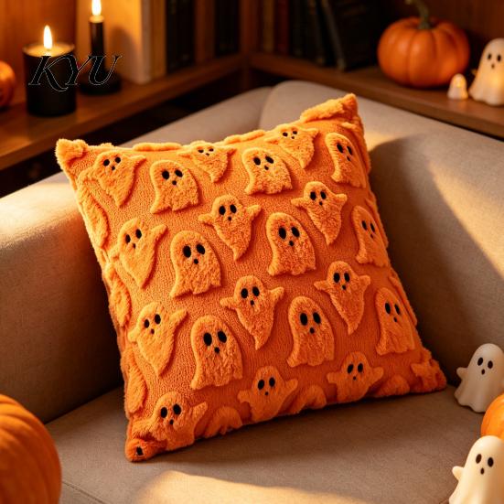 Cozy Halloween Ghost Cushion Covers 2Pcs Covers, Plush Throw Pillow 18x18 Decorative Pillowcase Inch Cases for Sofa Bed Couch Chair Theme Home