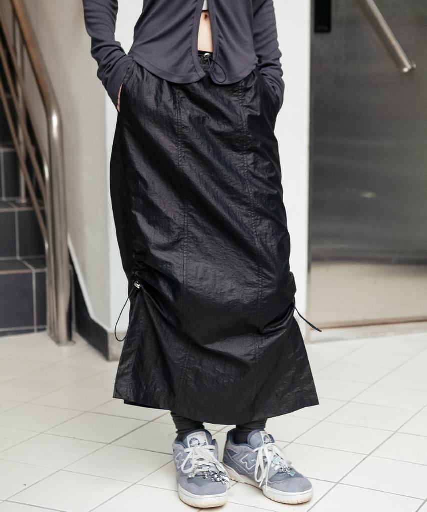High School Disco String Slit Long Skirt_Black