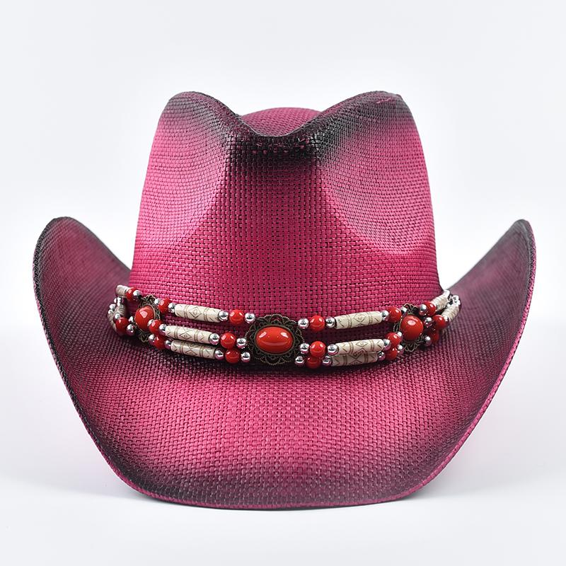 New Western Style Straw Sun Hats for Women Vintage Curled Edge Cowgirl Jazz Hat Summer Beach Hat