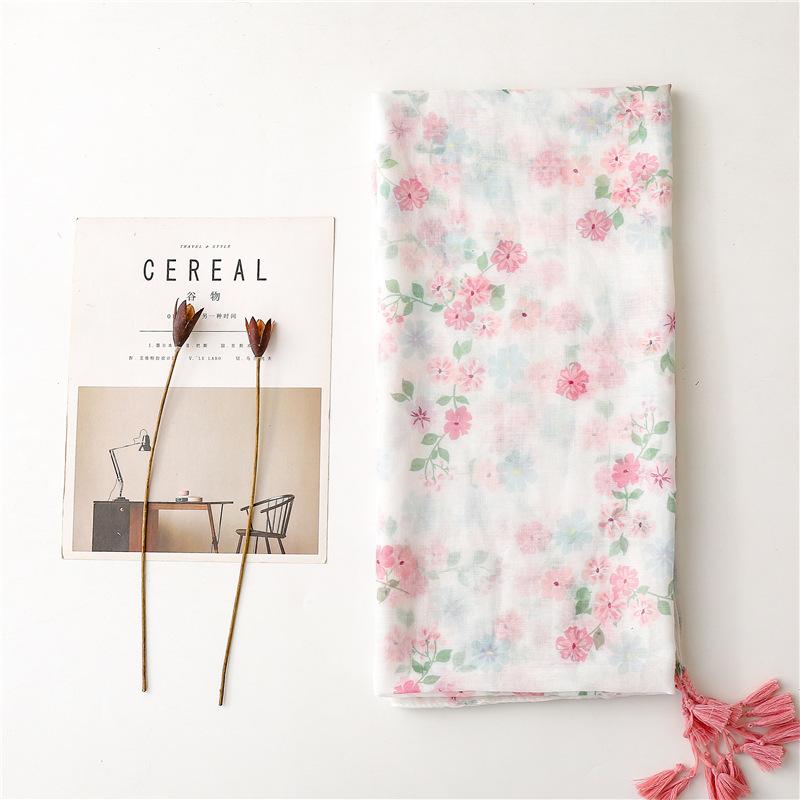 New White Pink Flower Women Scarf Shawl Cotton Linen Feeling Tassel Pashmina Muslim Hijab Wrap Lady Viscose Scarf