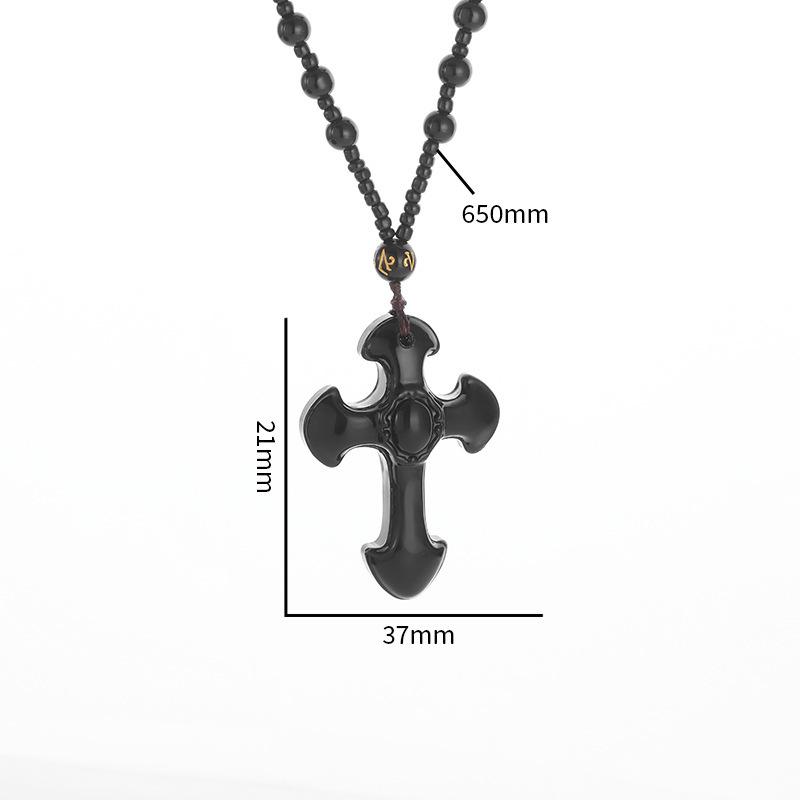Black Obsidian Cross Pendant Necklace - European & American Retro Fashion Jewelry
