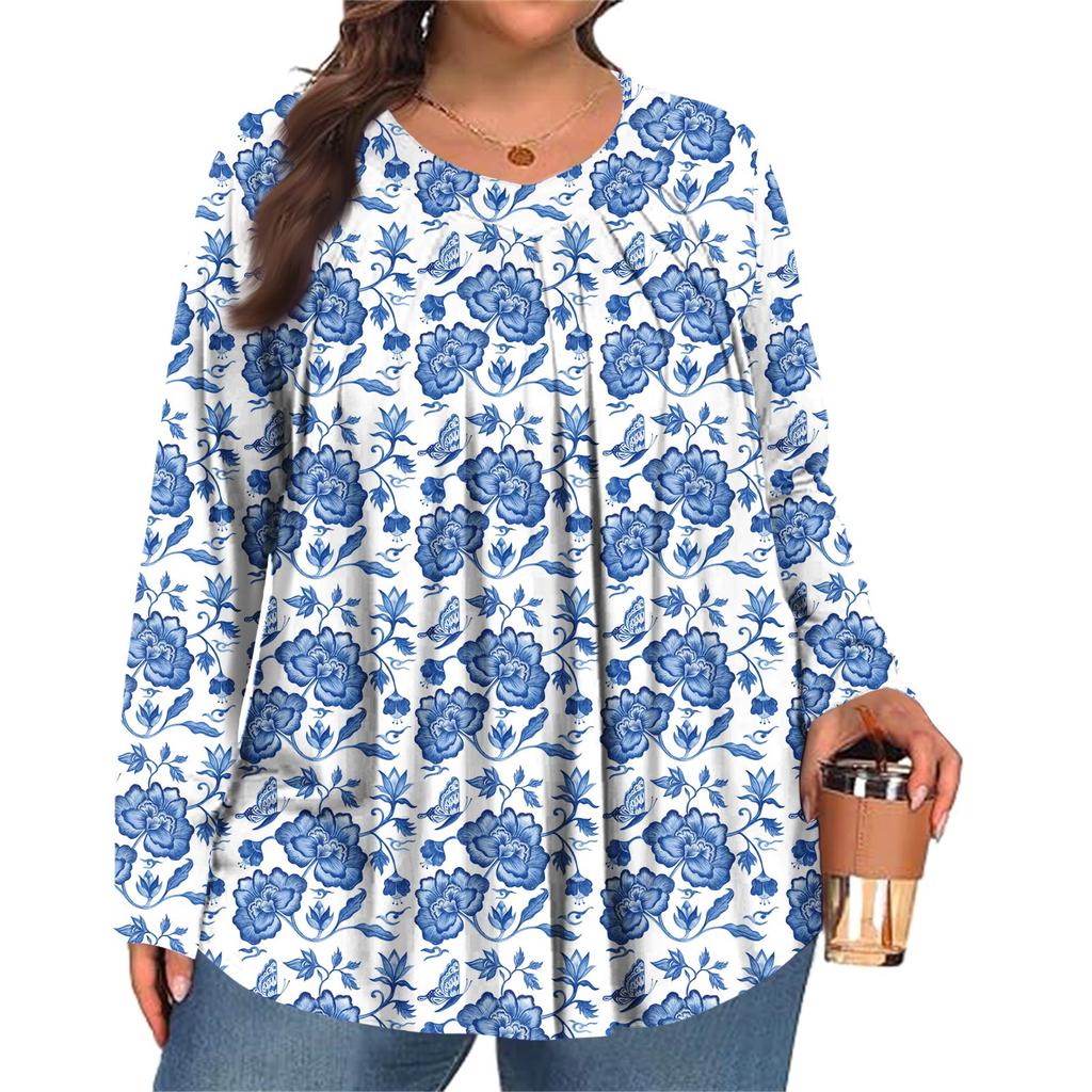 Dámská móda plus size Tištěný ležérní plisovaný top s kulatým výstřihem a dlouhým rukávem
