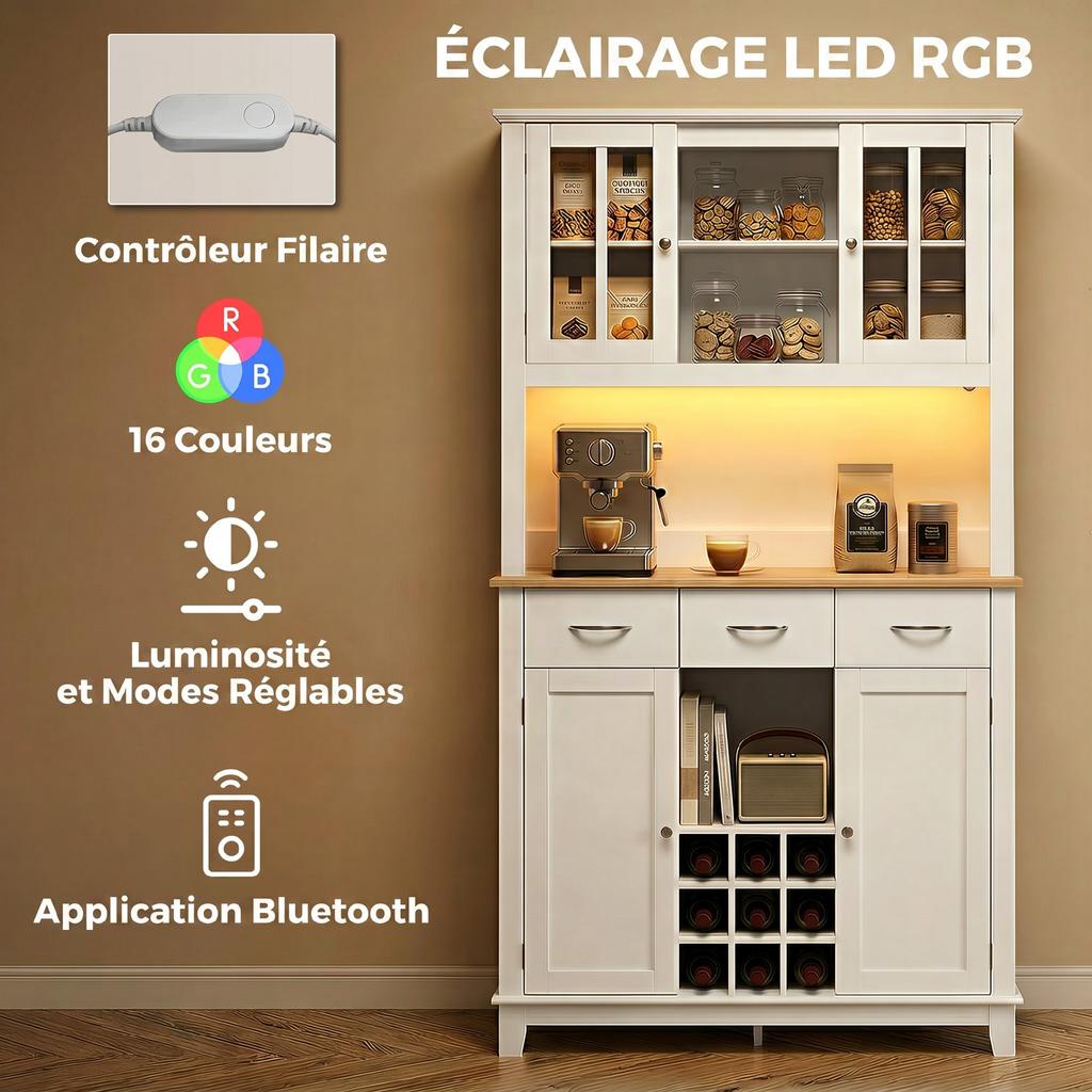 High-end buffet with LED lighting, sideboard, 4 doors including 2 glass ones, drawers, bottle rack, white