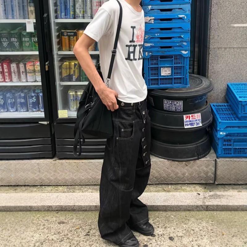 Mens Vintage Straight Cut Denim Jeans With Contrast Stitching Metal Rivet Buttons Mid-Rise Baggy Fit Lightly Stretchy Cotton