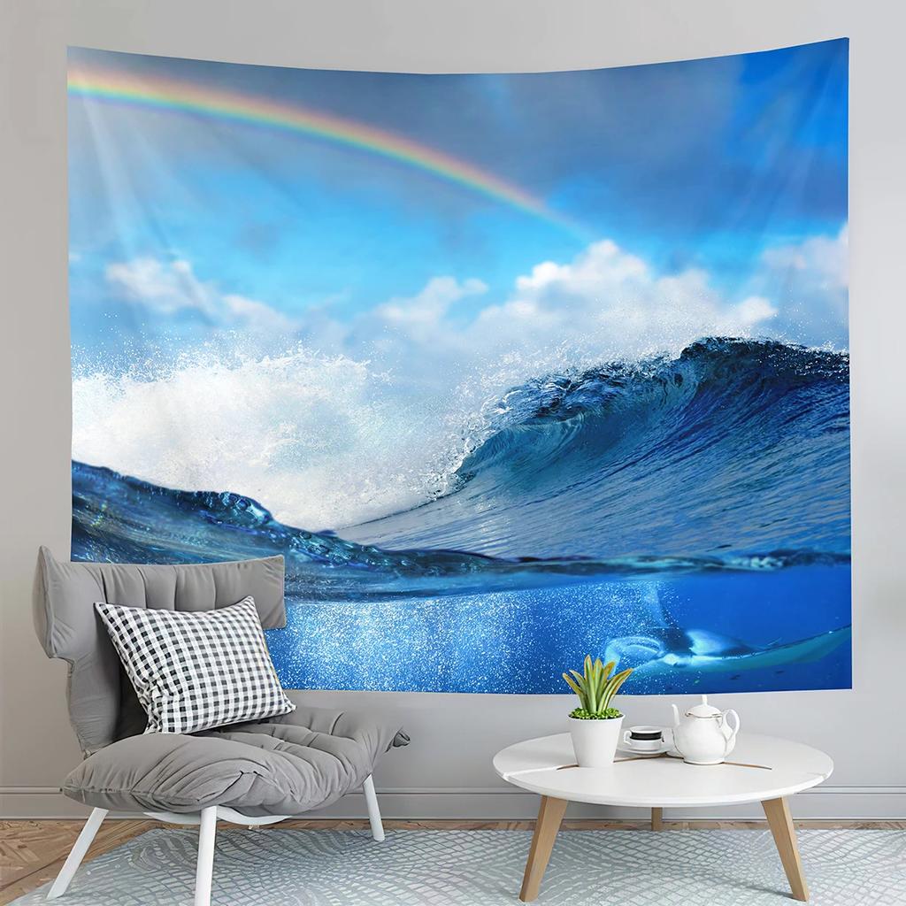 Blue Ocean Waves Tapestry Sea Sunset Scenery Tapestry Nature Art Tapestry Home Living Room Bedroom Wall Modern Art Tapestries