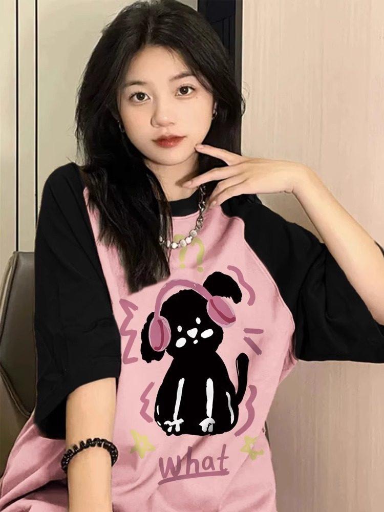 Women's Plus Size Retro Color Block Raglan Short Sleeve Cotton T-shirt