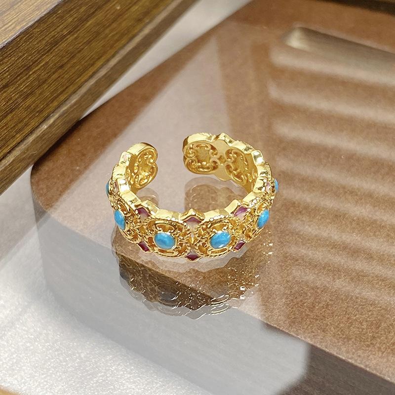 Medieval Vintage Retro Colored Enamel Open Ring Women'S Niche High-End Light Luxury Personality Ring