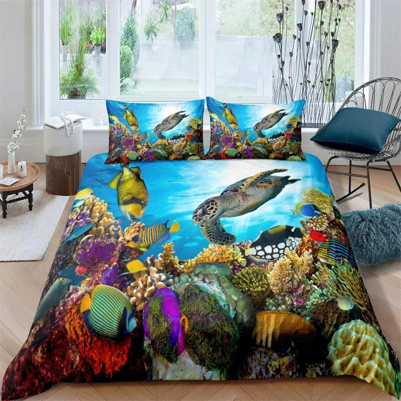 Summer Beach King Queen Duvet Cover Blue Ocean Fish Bedding Set Hawaiian Sea Palm Trees Quilt Cover Marine Life Comforter Cover