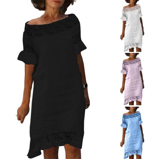 Damen Sommerkleid Puffärmel Ausschnitt Atmungsaktiv Schulterfrei U-Boot-Ausschnitt Aufmachung Blume