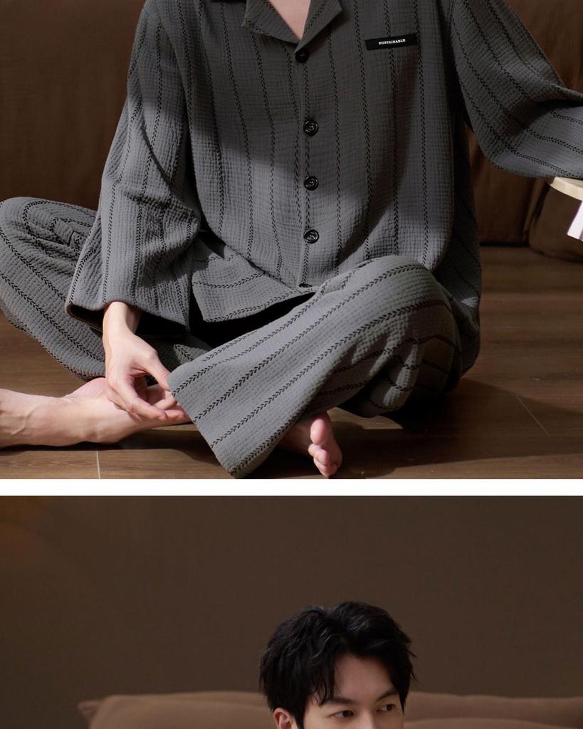 Men's Long-Sleeve Woven Gauze Pajama Set for Spring/Autumn