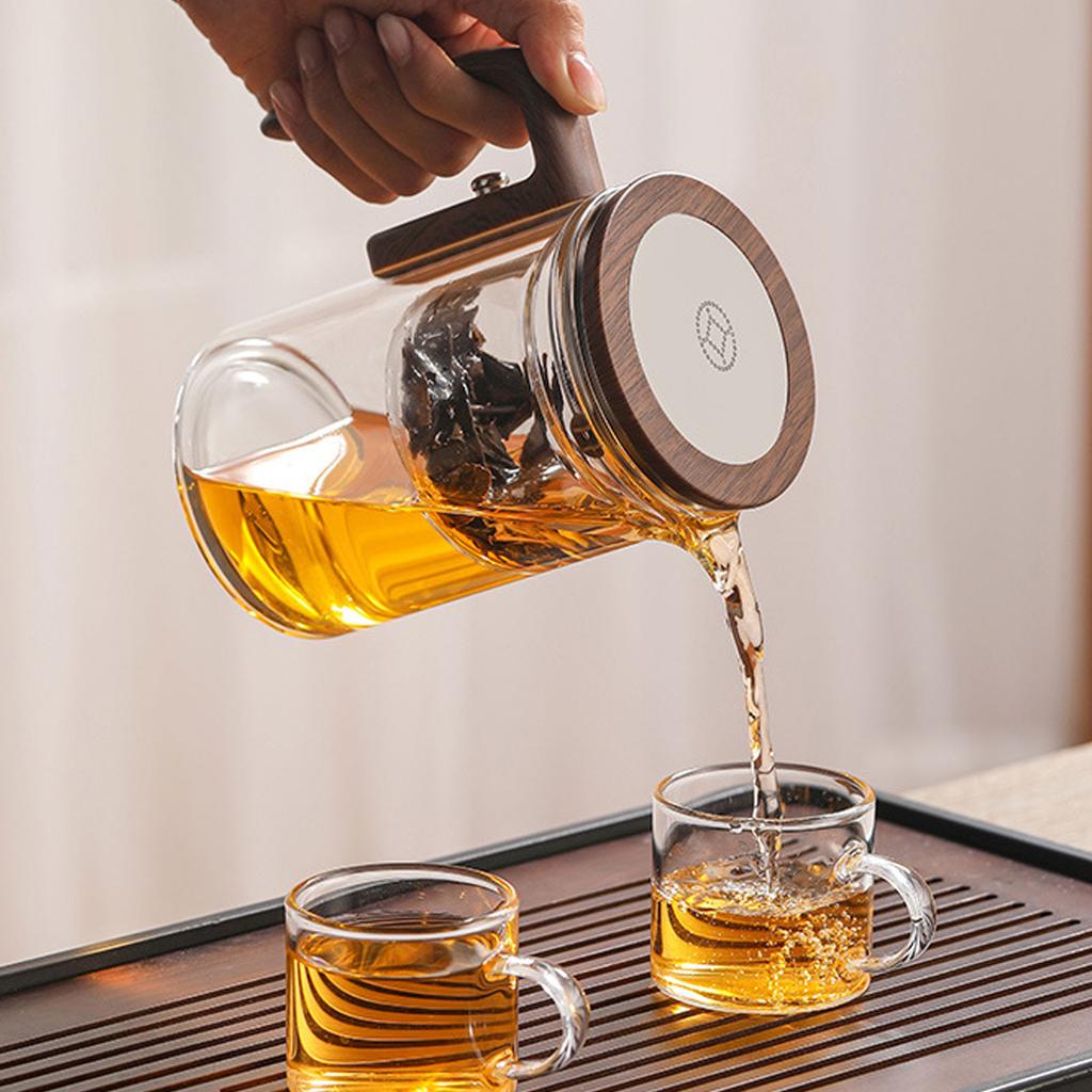 Water Separation Glass Teapot with Strainer 800ml Clear Tea Pot with Wooden Handle Secure Lid Magnetic Switch