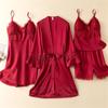 Spring Summer 4PCS Pajamas Set Female Pyjama Sleepwear Sexy Lace Kimono Bathrobe Nightgown Loose Silk Satin Homewear Loungewear