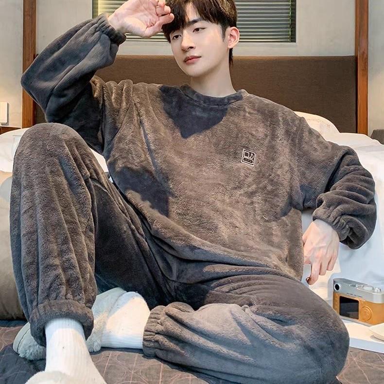 Men s Flannel Coral Fleece Pajamas Set - Warm Long Sleeve Homewear L