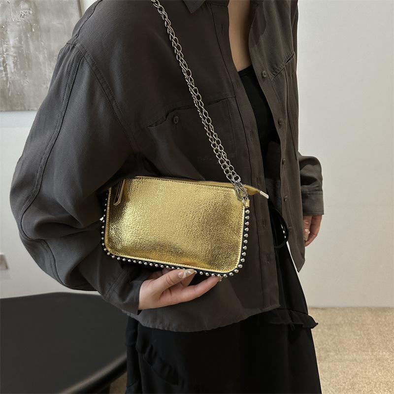 Fashion Street Pu Leather Underarm Tote Bag Rivet Korean Style Vintage Shoulder Bag Chain Strap Square Luxury Handbag Outdoor