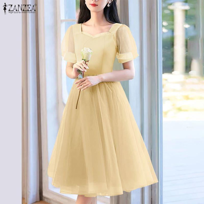 ZANZEA Womens Summer Casual Mesh Splice Short Sleeve Elegant Dress