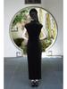 Retro Black Velvet Embroidered Sleeveless Cheongsam - Autumn 2025, Stretch Long Style
