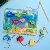 Wooden Toy 4-in-1 Fishing Game Stacking Blocks Lacing Beads Pattern Shape Matching Toys for Toddlers Kids