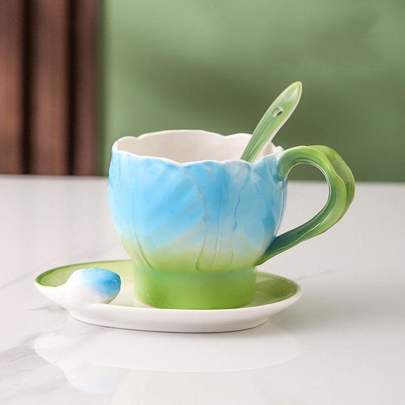 French Color Ceramic Coffee Mug Saucer Spoon Creative Tulip Perfume Cup Three-Dimensional Flower Afternoon Camellia Tea Cup Gift