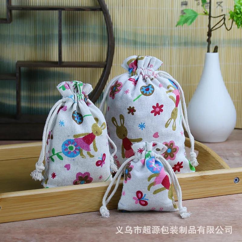 10pcs/lot Linen Drawstring pocket Cute Pattern Printed DIY wedding Candy Storage Bag Travel Makeup Cloth Shoes Sundries Storage