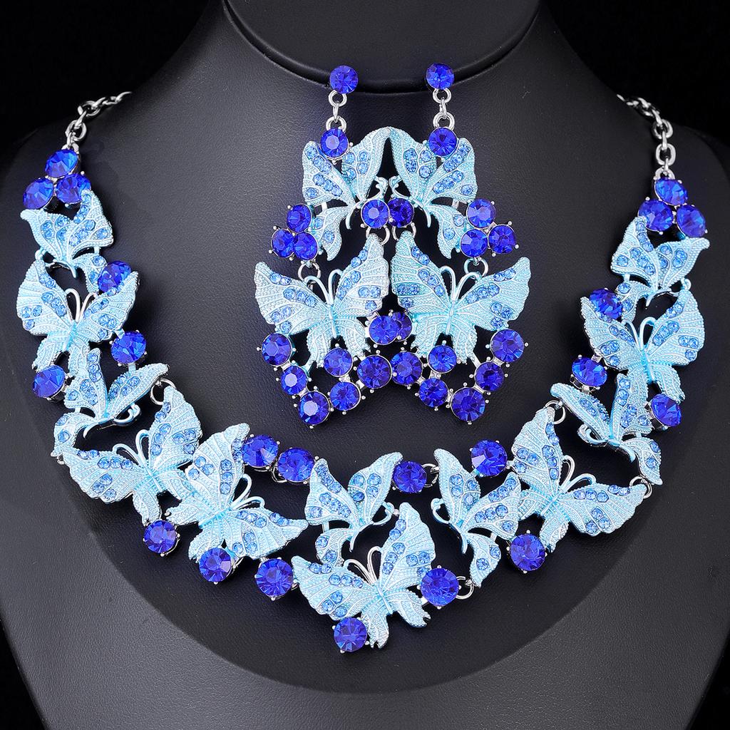 Europäisches Übertriebenes Schmetterling Ölgemälde Strass Halskette Ohrringe Set Valentinstagsgeschenk