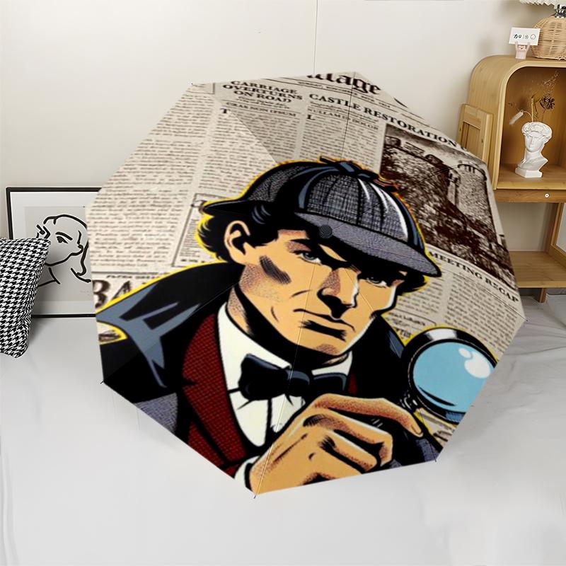 Sherlock Holmes Thema Automatischer Regenschirm, Leicht & Tragbar, 8 Speichen, Perfekt für Reisen im Freien, Geburtstage, Weihnachten, Geschenke.