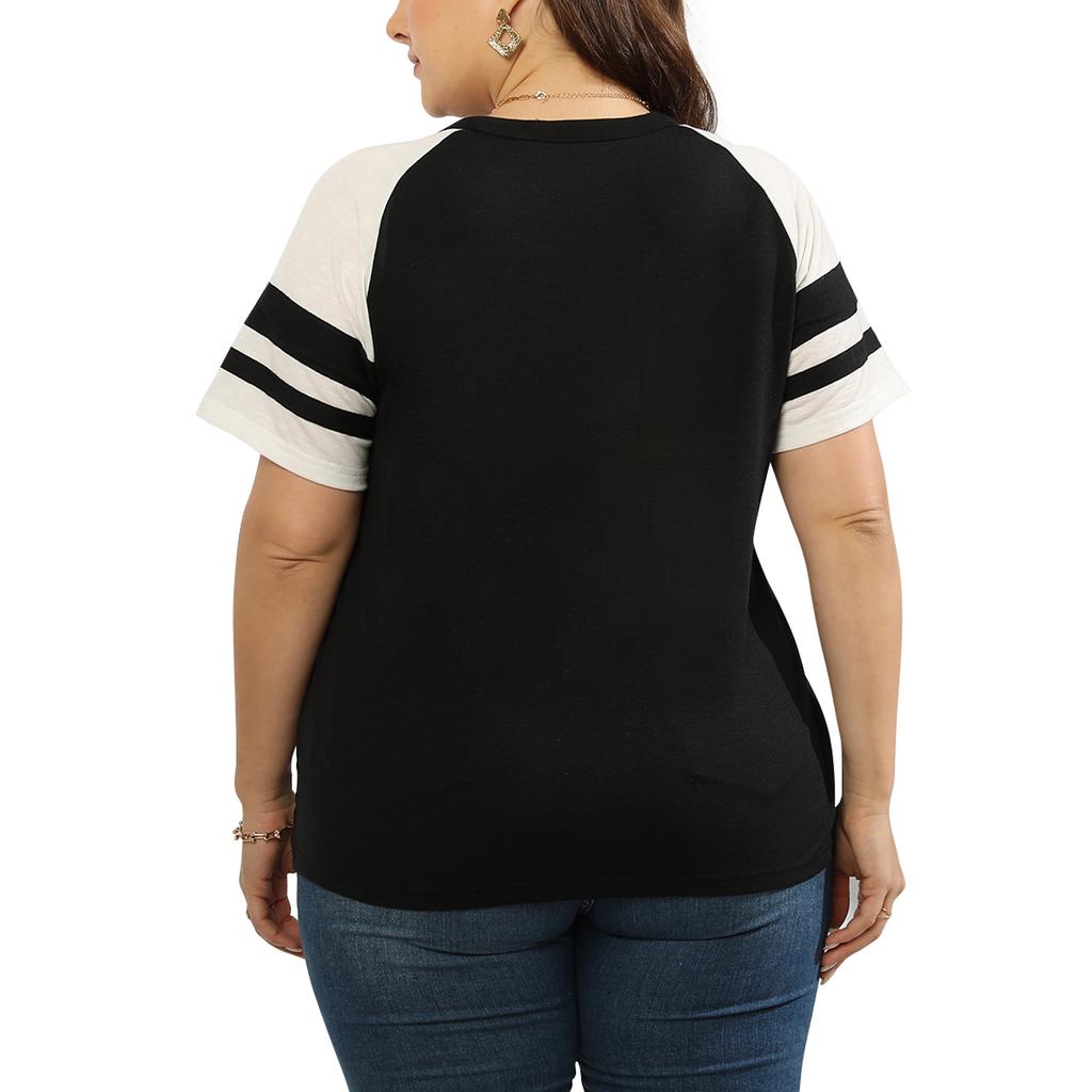 Damen Plus Size Sommer Kurzarm V-Ausschnitt Seil Patchwork Farbe T-Shirt