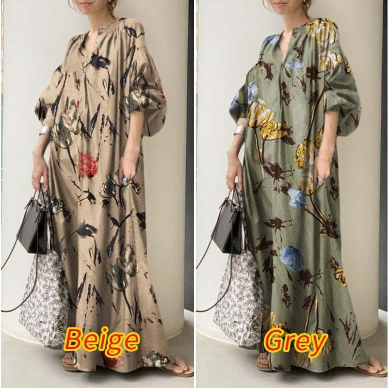 Printed V-neck Simple Loose Casual Long Plus Size Dress