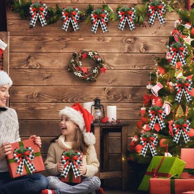 Christmas Bows with Pine Cones Pine Needles Buffalo Plaid Ribbon Bows Christmas Tree Wreath Decoration for Gift Wrapping
