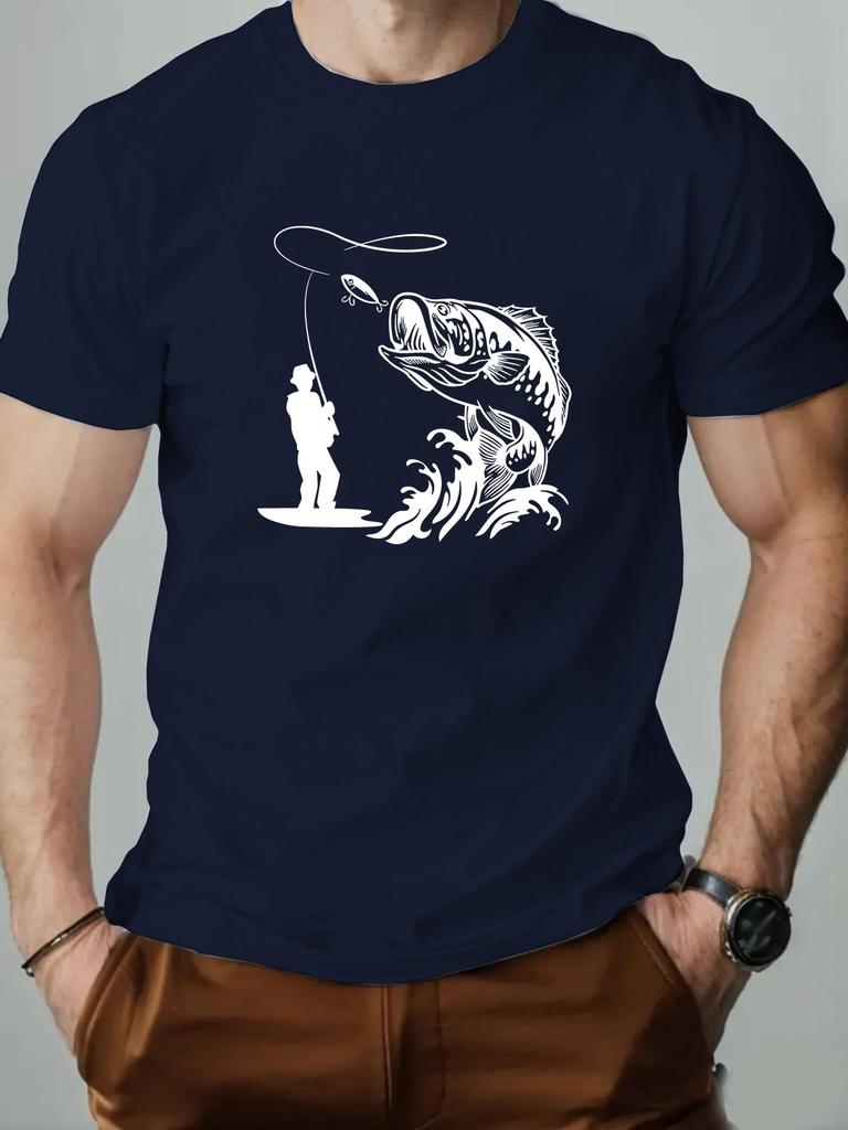 Mens Summer Large Fish Pattern Casual Roundneck Shortsleeved Soft Comfortable Breathable Cotton Fishing Enthusiast Tshirt