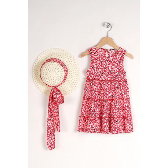 Rochie Fata Copil Roșu Cu Motive Florale Cu Accesoriu Pălărie