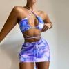 Women's Summer Fashion Sexy Marble-print Backless Lace-up  Waist Pleated Knotted Bikini Three-pieces Swimsuit