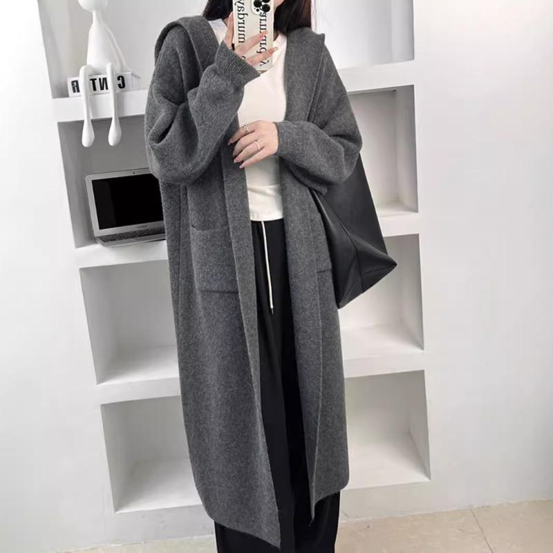 Premium long hooded knitted cardigan autumn and winter thickened lazy wind soft waxy big sweater jacket women