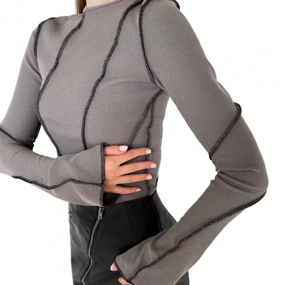 

Уникальная блузка с отделкой по линии, стильная женская футболка с длинными рукавами и расклешенными рукавами, с ребристыми деталями, облегающая, круглая, на каждый день S серый