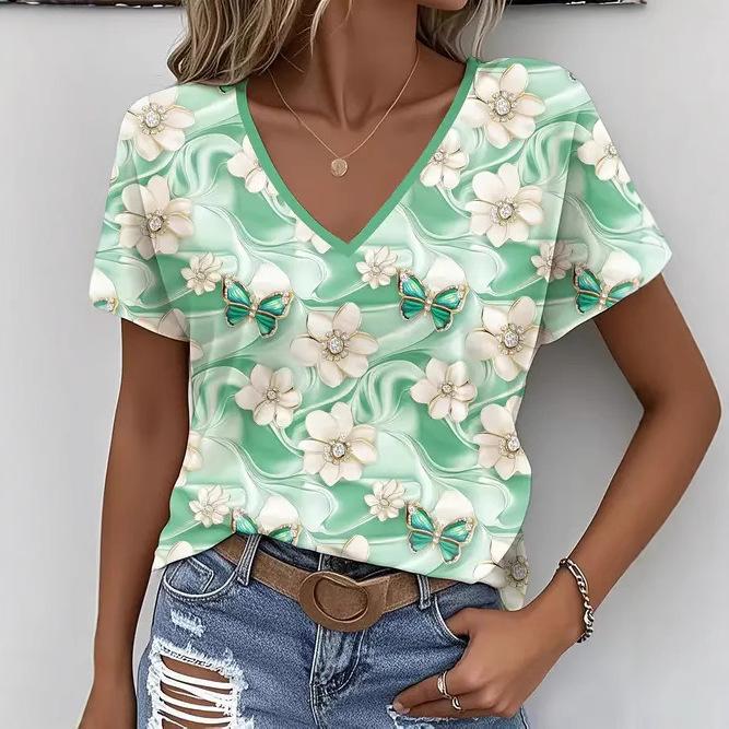 Summer V-neck 3D Flower Themed Pattern Printed Top Fashionable Casual Short Sleeved Women's T-shirts