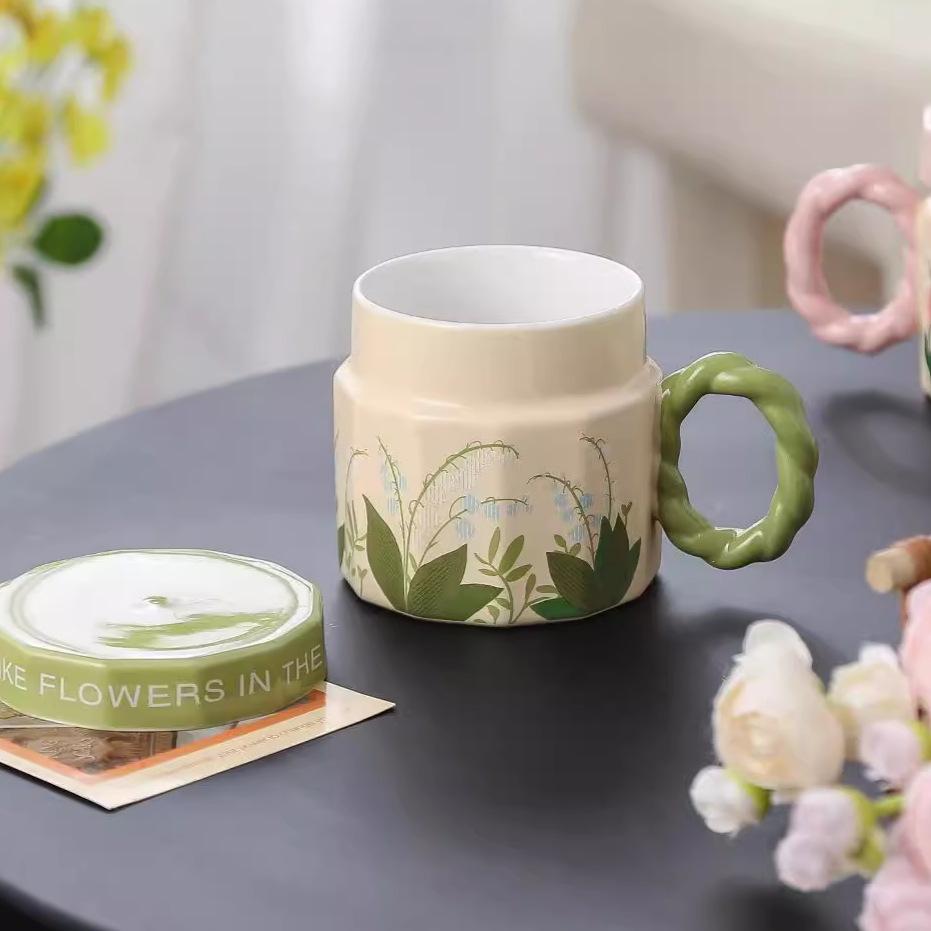 Retro Watercolor Flower Cup Ceramic Romantic Style Design Niche Coffee Mug Cover Light Luxury High End