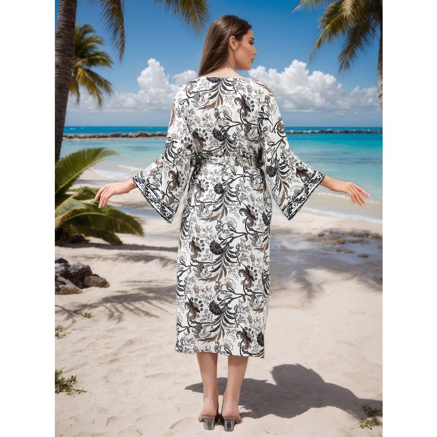 Women's Viscose Printed Kimono Cardigan Loose Long Beach Cover Up Robe, Flowy Open Front Shirt for Vacation 0981
