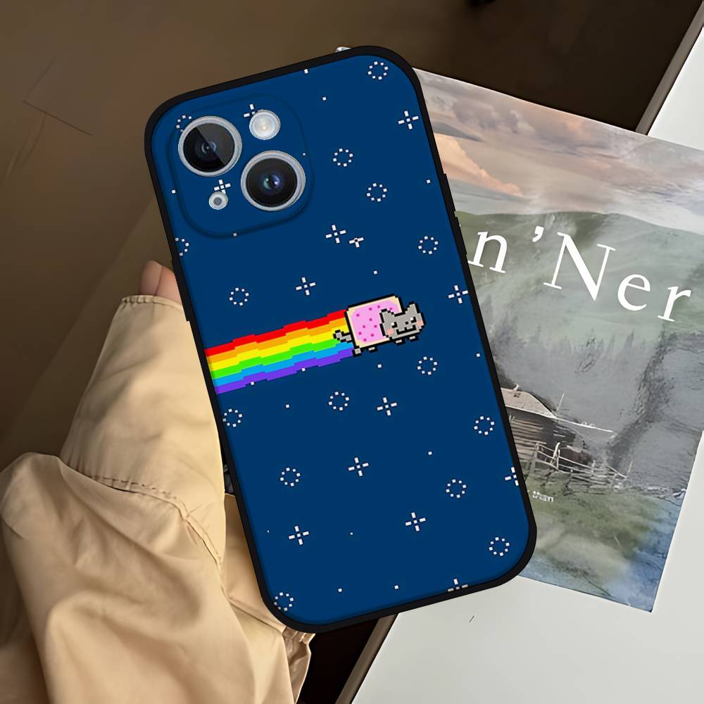 Roztomilý Vtipný Kočka N-nyan Pouzdro na Telefon Pouzdro na Telefon Pro IPhone 17,16,15,14,13,12,11,Pro,Plus,Mini Měkký Černý Kryt