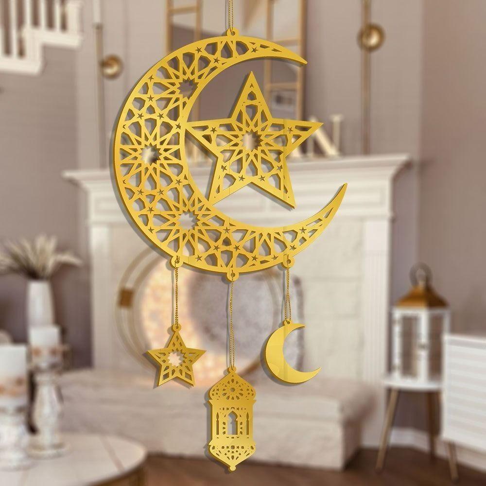 Acrylic Eid Mubarak Wall Pendant Mirror Hanging Decoration Ramadan Kareem Door Sign Golden Moon Star Drop Ornaments