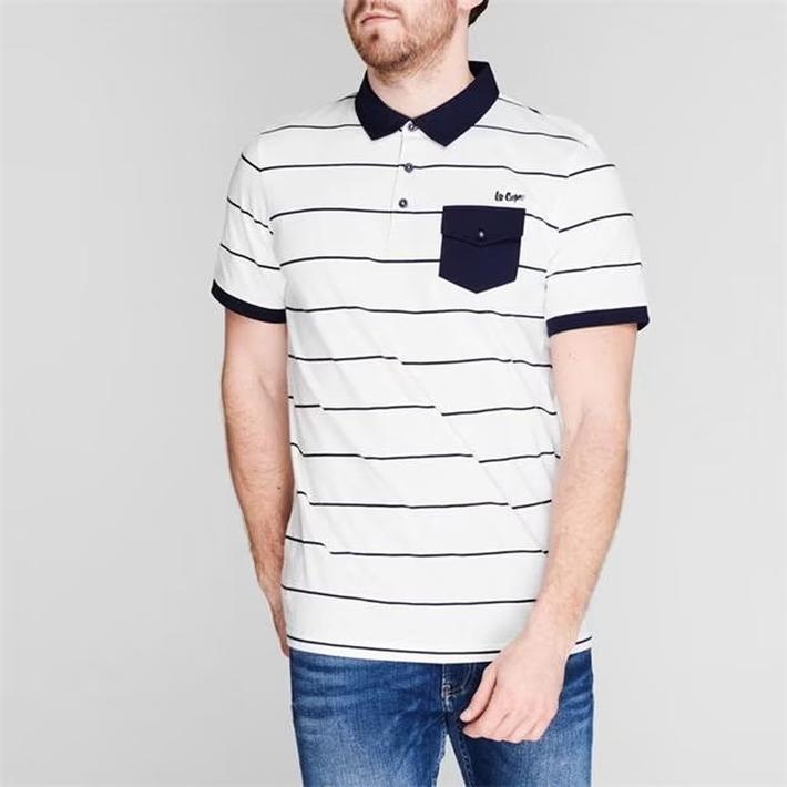 Lee Cooper Men's White Polo Shirt with Navy Stripes, Size XXL