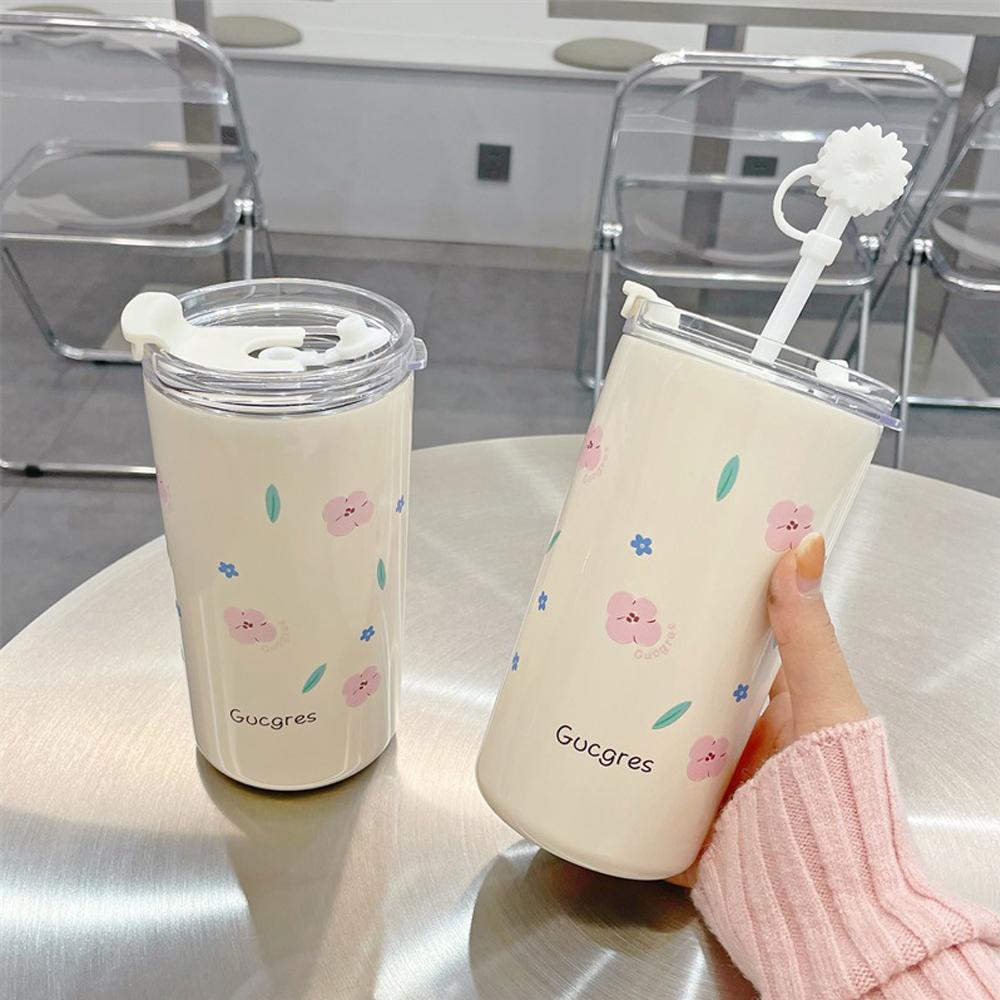 316 Stainless Steel Thermos Bottle For Girls Double Layer Thermal Coffee Cup With Straw Cherry Blossom Drinking Cup Travel Mugs