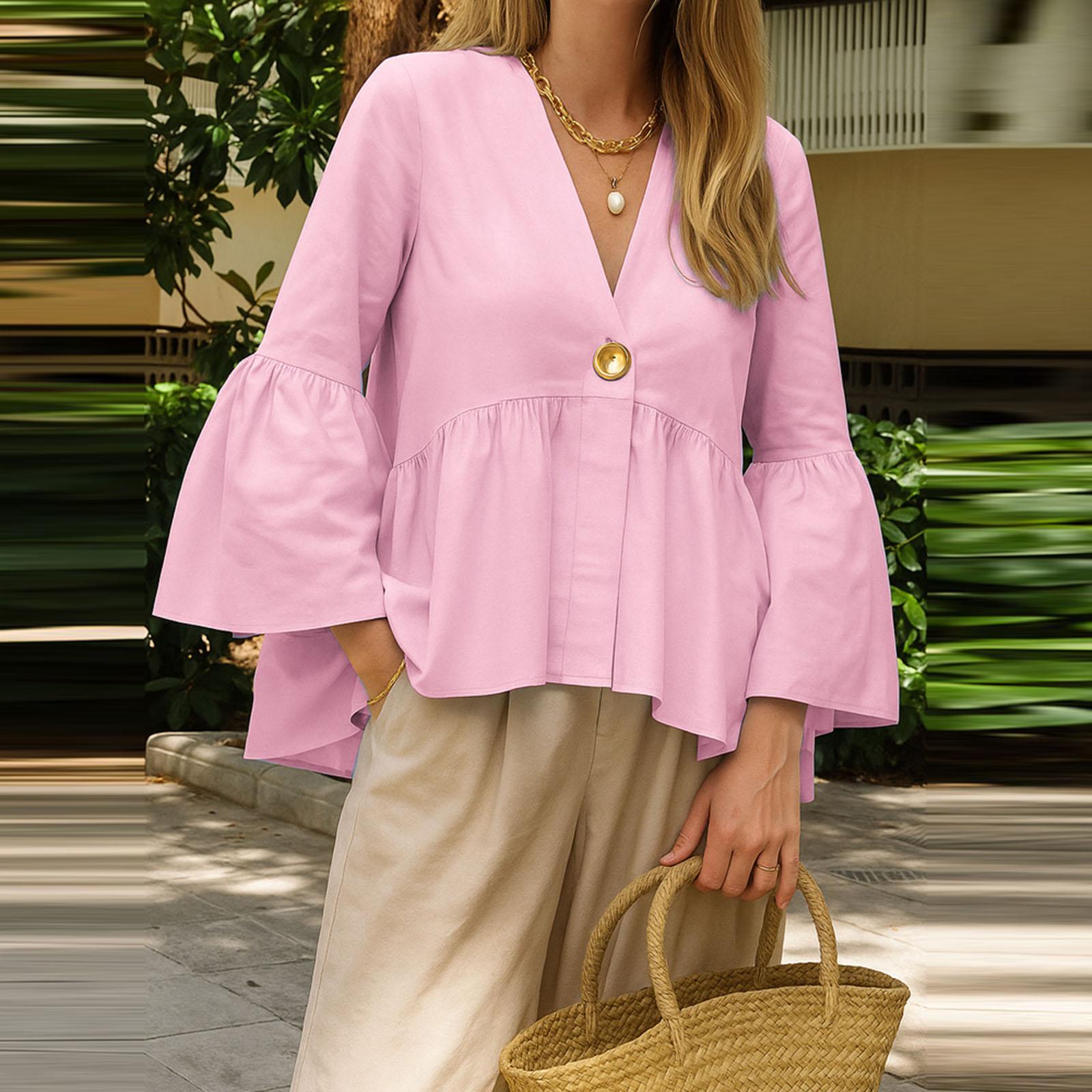 

Женский модный и повседневный однотонный топ с длинными рукавами XL розовый