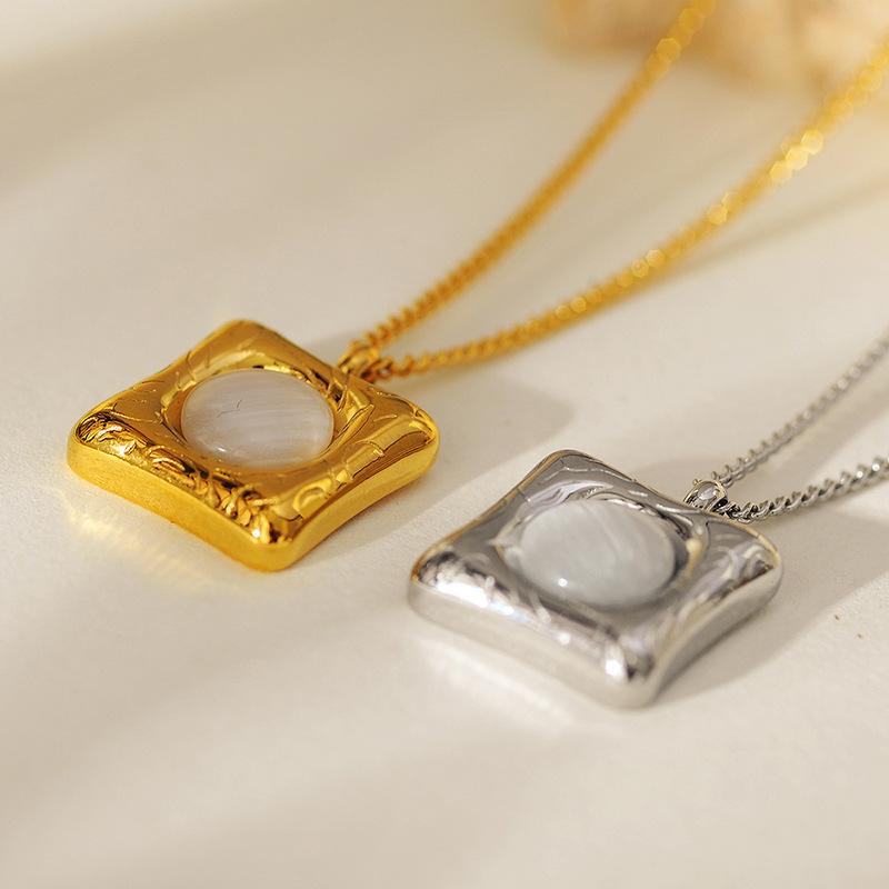 European and American Square Opal Pendant Necklace Collarbone Chain Female Personality Simple Gold-plated Stainless Steel Necklace