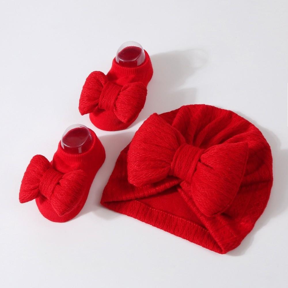 Cotton Knit Baby Hat Socks Set 0-12 Months Newborn Turban Hat Baby Bow Fetal Cap Home/Outdoor