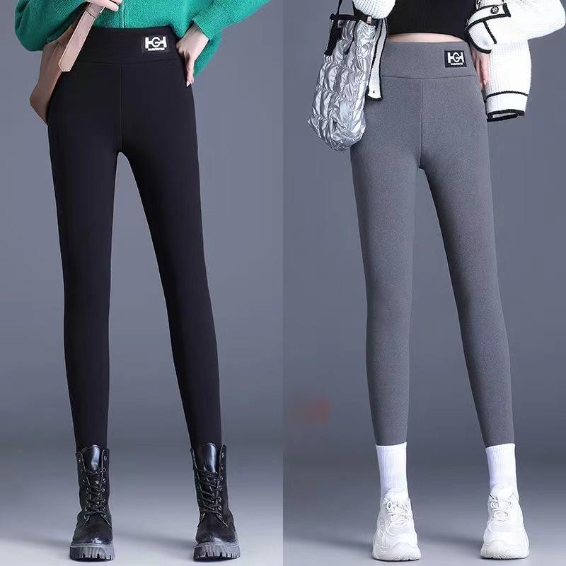 Women's Plus Size Thick Velvet Lambswool Leggings - Warm, Tight Fit In Black or Gray for Autumn and Winter.