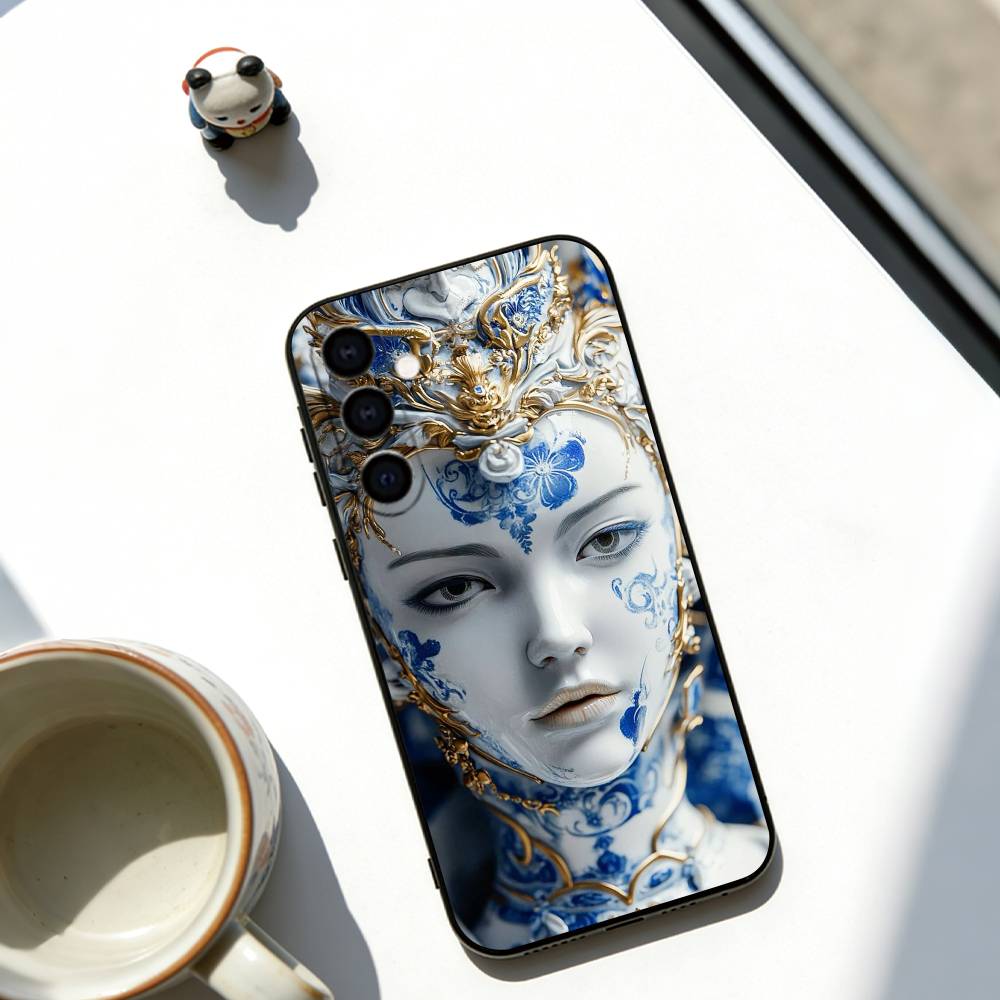 Blue & White Grace Phone Case Black Silicone Soft For Samsung Galaxy A73,A72,A71,A70,A53,A52,A51