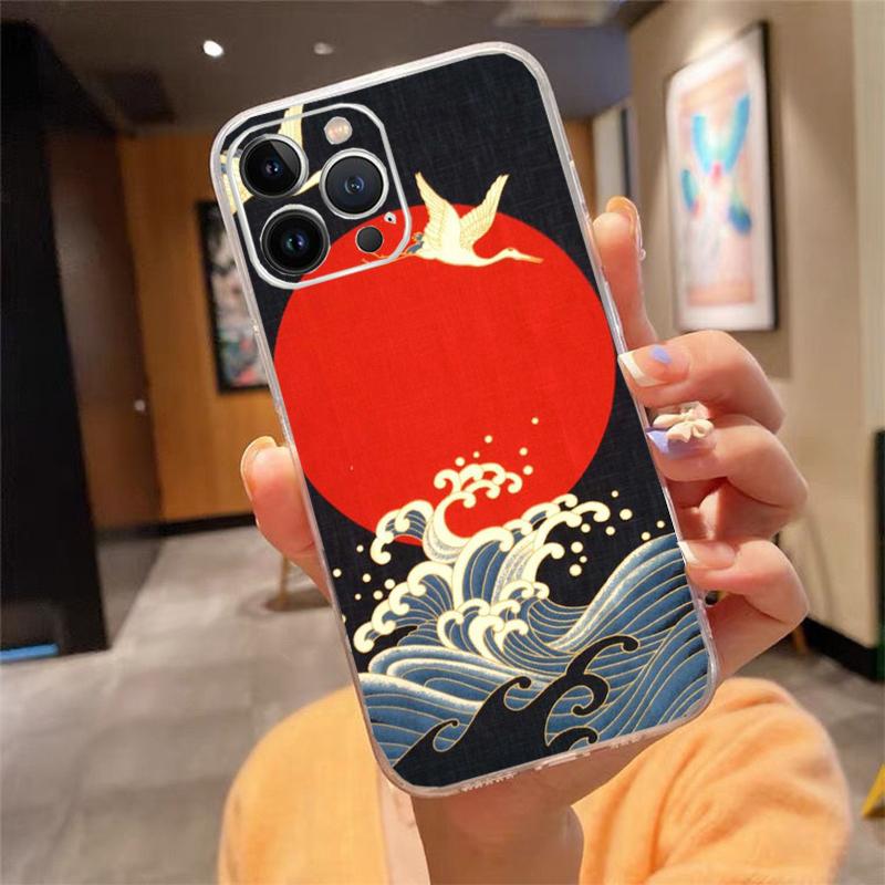 Phone Case For iphone 17 Air 17 Pro Max 16 15 14 13 Pro Max 15 16 Pro 15Plus Wave Art Japanese Green Illust