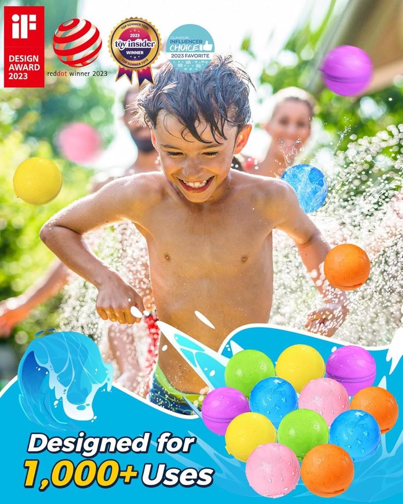 16Pcs Reusable Water Bomb Balloons - Pool Beach Toys for Kids Ages 3-12, Self-Sealing Water Splash Balls for Outdoor Summer Fun
